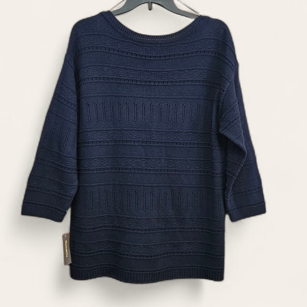 NWT Style & Co. openwork mixed knit sweater,Navy Blue Women's 100% Cotton - Picture 2 of 10